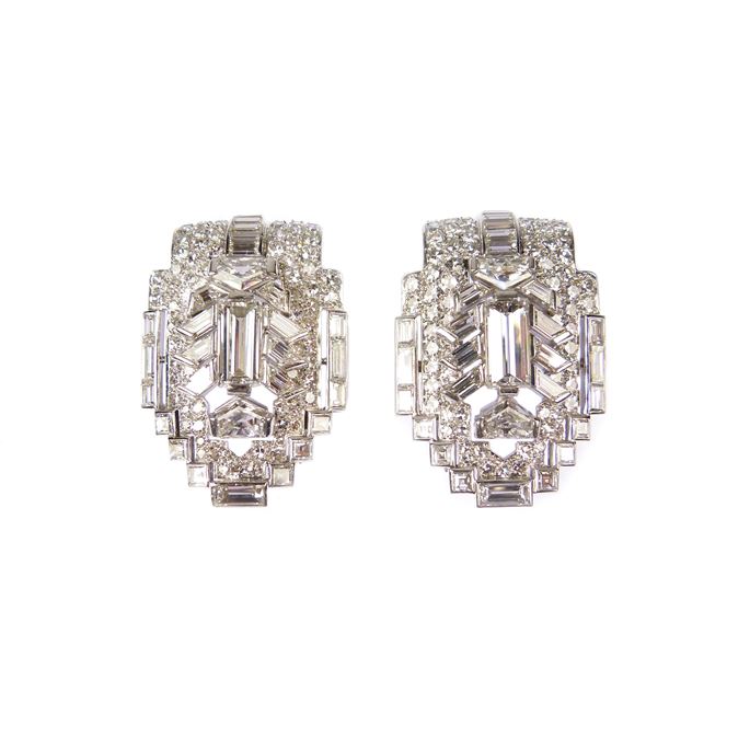   Cartier - Pair of diamond clip brooches of geometric design | MasterArt